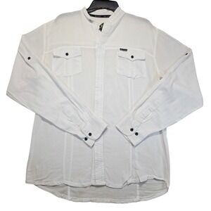Blanc du Nil Mens White Cotton Mandarin Collar Roll Tab Button Up Shirt Large